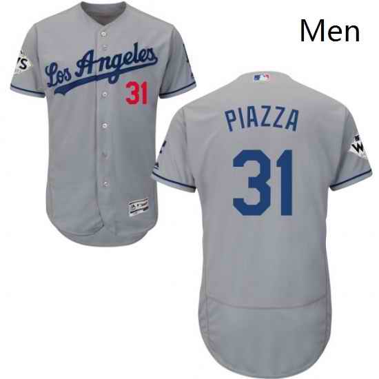 Mens Majestic Los Angeles Dodgers 31 Mike Piazza Authentic Grey Road 2017 World Series Bound Flex Base Jersey